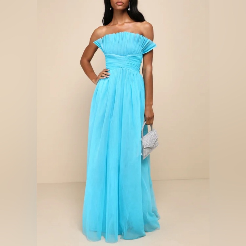 Lulu's Undeniably Iconic Teal Blue Tulle Pleated Strapless Maxi Dress Small NWT